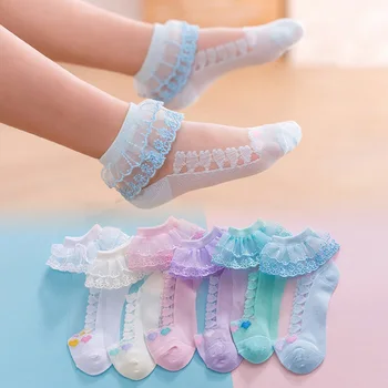 1 пара Летних детских Кружевных носков до щиколотки с рюшами, Носки Принцессы, детские хлопчатобумажные дышащие короткие носки для девочек Изображение