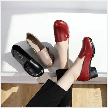 2021 г. Весенние женские туфли-лодочки ручной работы из натуральной кожи, Удобная обувь для мамы в стиле Ретро Изображение