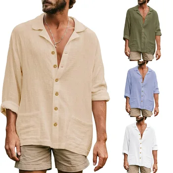 2022 Новая мужская льняная рубашка с коротким рукавом, однотонный повседневный топ, хлопковая льняная рубашка, топы, Размер S-3XL Изображение