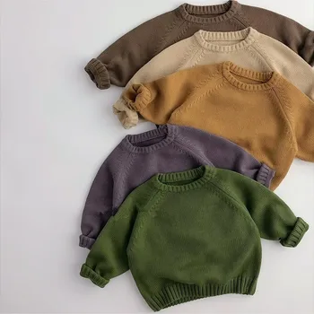 2023 Осенний Новый Детский свитер с длинными рукавами, однотонный вязаный пуловер для девочек, Свободный Детский повседневный свитер, Винтажные трикотажные рубашки для мальчиков Изображение