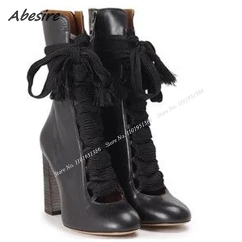 Abesire/ Черные Полые Ботинки на шнуровке; Женская Однотонная обувь на деревянном Каблуке; Ботильоны на высоком Массивном Каблуке; Zapatillas Mujer Изображение