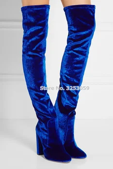 ALMUDENA/ Роскошные Королевские синие Бархатные сапоги на высоком массивном каблуке выше колена, модельные ботинки на толстом каблуке, осенне-зимняя мотоциклетная обувь Изображение
