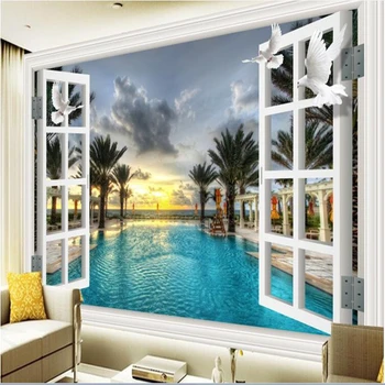 beibehang настенная роспись на заказ бассейн кокосовая пальма картина на окне фото 3d настенные фрески обои 3D обои для домашнего декора papel de parede Изображение