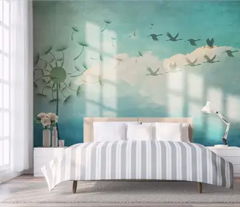 beibehang пользовательские Небесные облака одуванчик летящая птица Фотообои Обои для Настенной живописи Спальня Гостиная Диван 3D обои Изображение