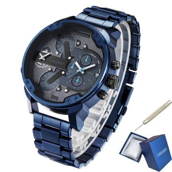Cagarny 6820 Классический Дизайн Кварцевые Часы Мужские Модные Мужские Наручные часы Синий Из нержавеющей Стали Dual Times Relogio Masculino xfcs Изображение