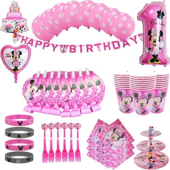 Disney Minnie Mouse Тема Детский День Рождения Для Девочек, Подарок Для Девочки, Декор для Вечеринки по случаю Дня Рождения, Набор Одноразовой Посуды С Воздушными Шарами Изображение