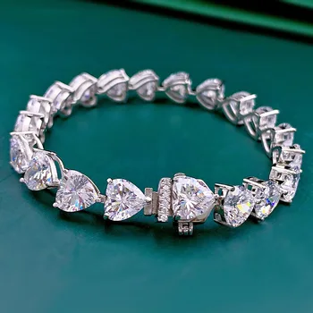 HTOTOH S925 браслет из стерлингового серебра с бриллиантами 25 карат SONA Stone Браслеты с подвесками в виде сердца подарок на годовщину Изображение