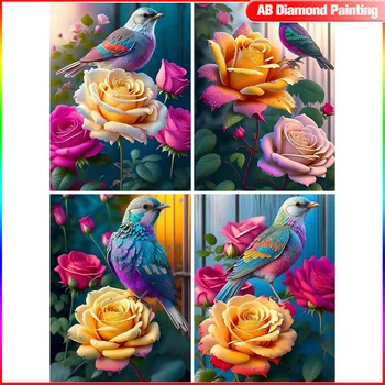 HUACAN Animal AB Алмазная живопись Птица, мозаика из горного хрусталя, Цветок Розы, творческие Хобби, украшение для дома Изображение
