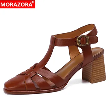 MORAZORA 2022 Новые Римские Сандалии из натуральной кожи Женские туфли на высоком квадратном каблуке Летние женские однотонные модельные туфли Изображение