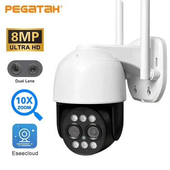 PEGATAH 8-мегапиксельная PTZ WiFi IP-камера с двумя объективами, Отслеживающая человека с Искусственным интеллектом, Камера ночного видения с 10-кратным цифровым зумом, камера видеонаблюдения Изображение