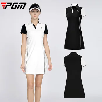 PGM Летнее женское платье-поло для гольфа с V-образным вырезом, эластичное платье для гольфа с коротким рукавом, уличная лоскутная быстросохнущая спортивная одежда Изображение