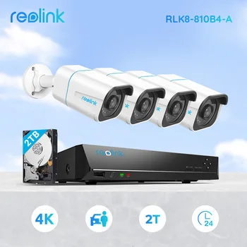 Reolink Smart 4k Система Видеонаблюдения PoE 24/7 Запись 2 ТБ HDD Обнаружение человека/транспортного средства 8-мегапиксельный видеомагнитофон RLK8-810B4-A Изображение