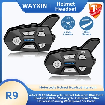 WAYXIN R9, мотоциклетный шлем, домофон, Bluetooth-гарнитура, Мотоциклетный домофон 6 Rider, 1500 м, Универсальное сопряжение, водонепроницаемое fm-радио Изображение