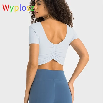 Wyplosz, женские футболки для йоги, Удобная спортивная одежда для фитнеса, быстросохнущая Прозрачная дышащая складка с круглым вырезом, Бесплатная доставка Изображение