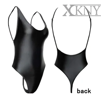 XCKNY атласные глянцевые цельные колготки, шелковый гладкий черный купальник, сексуальный топик с глубоким вырезом, Т-образная высокая вилка, облегающий тренировочный костюм для йоги Изображение