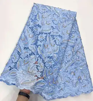 Африканская Кружевная Ткань Sky Bule, Вышитая Бисером, 5 Ярдов, Свадебные Ткани для Женщин, Дубай, Французский Тюль, Чистая Ткань с Вышивкой Пайетками HD37 Изображение
