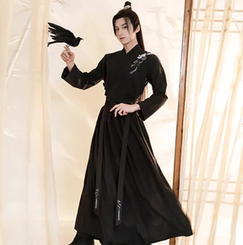 Большие размеры 3XL Hanfu Men, древнекитайские черные комплекты Hanfu, мужской карнавальный костюм для косплея на Хэллоуин, наряд Hanfu для мужчин, большой размер Изображение