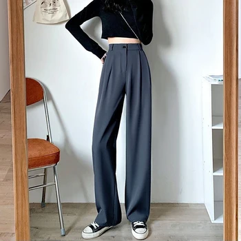 Весенне-летние женские Широкие брюки, Свободные повседневные брюки с высокой талией, Женские однотонные офисные прямые брюки в корейском стиле Изображение