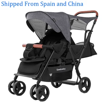 Детская коляска для близнецов Seebaby, двухместная детская 4-колесная детская коляска, Заднее сиденье со стоячей доской T12 в европейском стиле Изображение