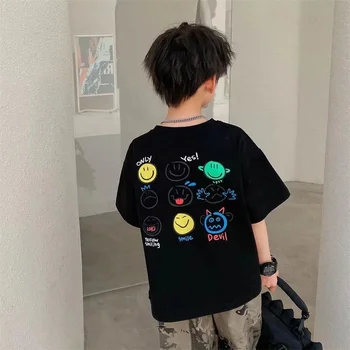 Детская футболка, летняя одежда, Новая корейская версия для мальчиков, забавный повседневный свободный детский топ с короткими рукавами и принтом Изображение