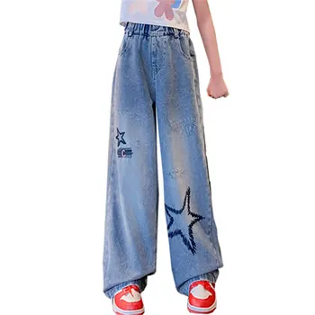 Джинсы для девочек, летние тонкие широкие брюки с вышивкой в виде звезды, Детский повседневный стиль, Детская свободная одежда 6, 8, 9, 10, 12, 14 Лет Изображение