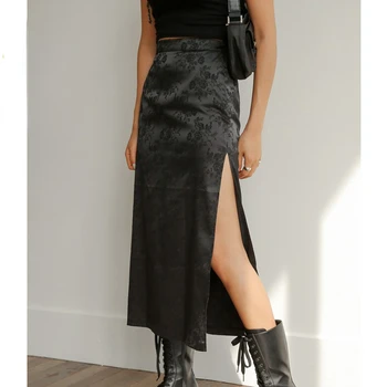 Жаккардовая юбка миди с элегантным разрезом сбоку, Длинные юбки с высокой талией, женские повседневные черные юбки в стиле Харадзюку, Мода 2023 Изображение