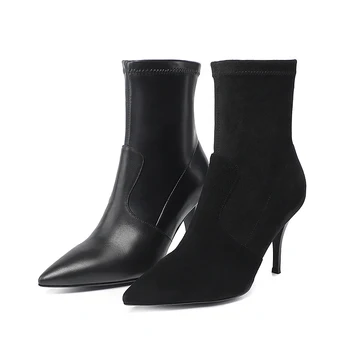 Женская весенне-осенняя обувь, носки и ботильоны 2023 года, Пикантные ботинки из натуральной кожи с острым носком, Элегантные черные короткие ботинки на высоком каблуке Изображение