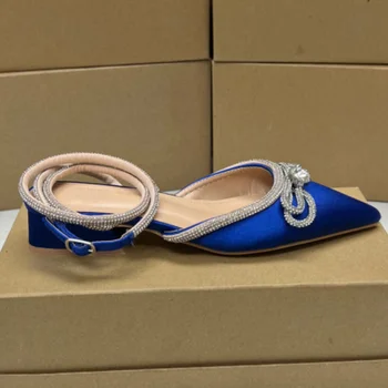 Женская обувь с острым носком, роскошные брендовые дизайнерские туфли на плоской подошве со стразами и бантом, модный ремешок на щиколотке, Элегантные женские туфли-лодочки Изображение
