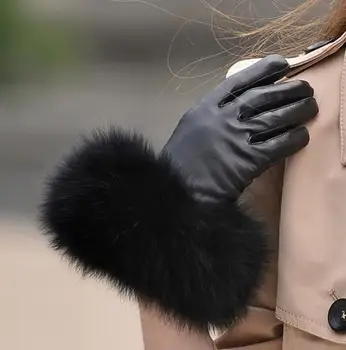 Женская осенне-зимняя перчатка с утепленной флисовой подкладкой, женская перчатка из натуральной овчины, водительская перчатка из натурального лисьего меха R146 Изображение