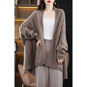 Женская шаль, Новое пальто из чистой шерсти, кардиган средней длины, Свободный осенне-зимний утолщенный шерстяной вязаный свитер Изображение