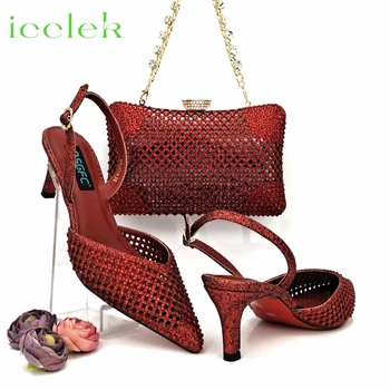 Женские босоножки с острым носком винного цвета, комплект сумок в тон для нигерийских женщин, вечерние туфли-лодочки Изображение