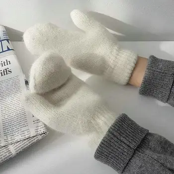Женские двухслойные перчатки из кроличьей шерсти, зимняя корейская версия однотонных перчаток на все пальцы, зимние женские перчатки, варежки для девочек Изображение