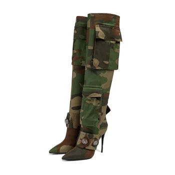 Женские новые камуфляжные зеленые сапоги с карманом на тонком высоком каблуке длиной до колена С заостренными ивовыми гвоздями, большие стильные ботинки для сцены Изображение