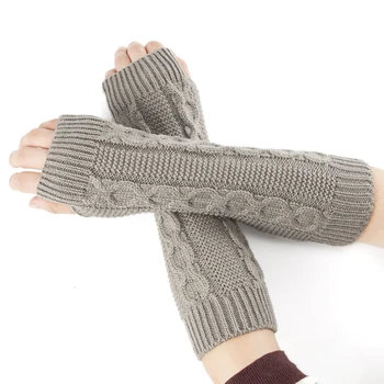 Женские тканые перчатки с рисунком на полпальца, Женские вязаные варежки, Теплые перчатки без пальцев средней длины Изображение