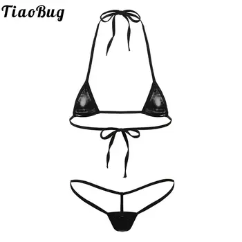 Женский бразильский комплект мини-бикини TiaoBug с микро-стрингами на бретелях, блестящий металлический купальник с эффектом Пуш-ап по бокам Изображение