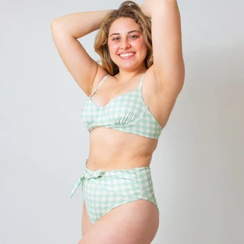 Зеленый клетчатый модный 2022 Новый купальник с высокой талией, Плюс Размер, закрывающий живот, Женская Сексуальная пляжная одежда для плавания, бикини Изображение