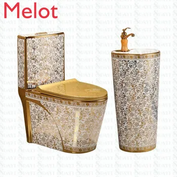 золотой цвет унитаза дизайн ванной комнаты туалетные наборы раковина на пьедестале золотой унитаз биде Изображение