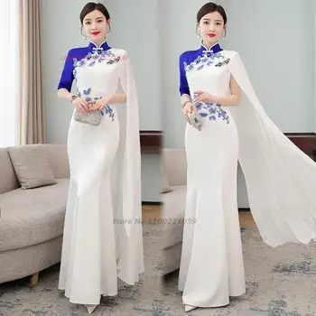 китайское винтажное платье 2023 года, улучшенное вечернее платье ципао с национальной цветочной вышивкой чонсам, восточное праздничное платье vestido Изображение