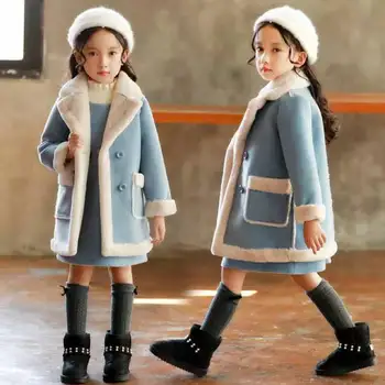 Коллекция 2019 года, Осенне-зимние шерстяные куртки для девочек на возраст 3, 4, 6, 8, 10, 12 лет, Модные утепленные пальто с отложным воротником для девочек Изображение