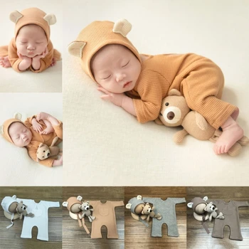 Комбинезон для фотосъемки маленьких мальчиков и девочек, Милая шляпа с медведем и наряды, костюм для фотосъемки новорожденных, одежда для мальчиков и девочек Изображение