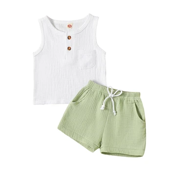 Комплект шорт для маленьких мальчиков, майка на пуговицах с эластичными шортами на талии, летняя одежда Изображение