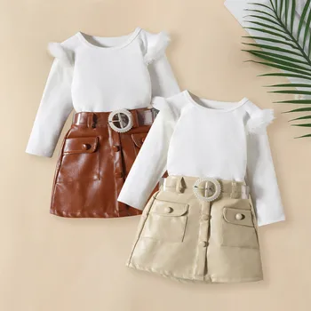 Комплекты Одежды для девочек, Белые топы с длинными рукавами для малышей + юбка, костюмы из 2 предметов, Повседневная одежда, Корейская модная одежда для девочек Изображение