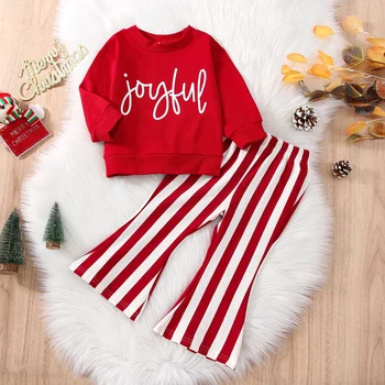 Костюм Со штанами для маленьких девочек, рубашка с длинными рукавами и круглым вырезом с рождественским буквенным принтом + брюки-клеш в полоску, наряд Изображение