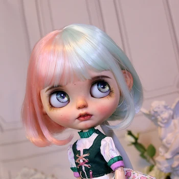 Кукольный парик BJD для кукольных аксессуаров Blythe Size, игрушка для парика, Высокотемпературная проволока, пудра Сакуры, Мятно-зеленый Биколор, Короткие волосы Изображение