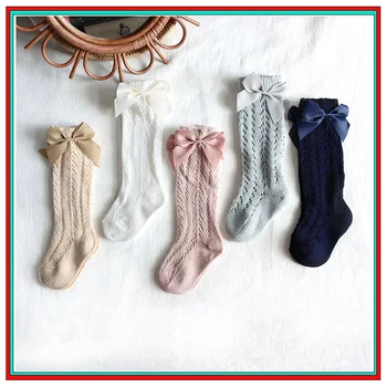 Летние Детские носки с бантом Для девочек ясельного возраста, Длинные носки до колена, Мягкие хлопковые открытые детские сетчатые носки Принцессы для 0-5 лет Изображение
