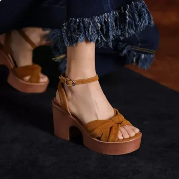 Летние сандалии на платформе Во французском стиле, туфли-лодочки с открытым носком и бантом, Элегантные сандалии, женская обувь на массивном каблуке, женская обувь на толстом каблуке Изображение