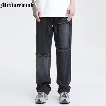Летние Уличные Свободные мужские брюки градиентного цвета, мешковатые прямые джинсы полной длины, повседневные джинсовые однотонные брюки Изображение