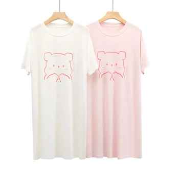 Летняя женская ночная рубашка из модала, простой милый мишка, Свободная повседневная домашняя одежда, однотонная ночная рубашка средней длины с короткими рукавами Изображение