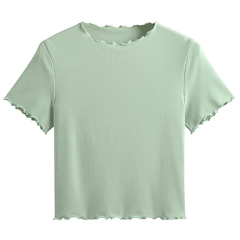 Летняя новинка 2023, футболка с нерегулярным воротником и коротким рукавом, облегающий хлопковый однотонный Удобный Короткий женский топ Изображение