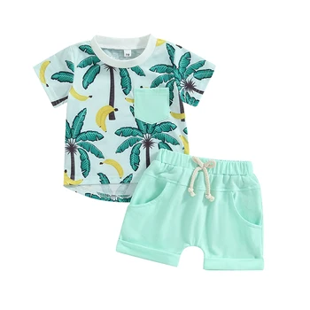 Летняя одежда для маленьких мальчиков, костюмы в пляжном стиле, футболки с круглым вырезом и принтом дерева, шорты с эластичной резинкой на талии, комплект из 2 предметов Изображение